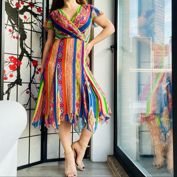 🚢Polo Ralph Lauren Multicolored Printed Silk Asymmetric Hem Detail Dress Tribal - Picture 8 of 17